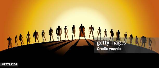 ilustraciones, imágenes clip art, dibujos animados e iconos de stock de liga de vector de silueta de superhéroes - super heroe mujer