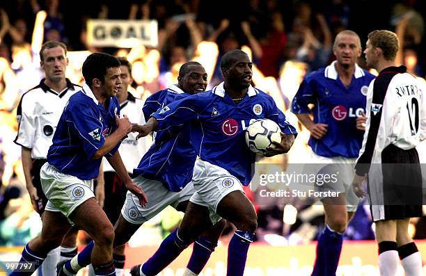 Leicester striker Dean Sturridge is congratulated after his last minute equaliser during the FA Barclaycard Premiership game between Leicester City...