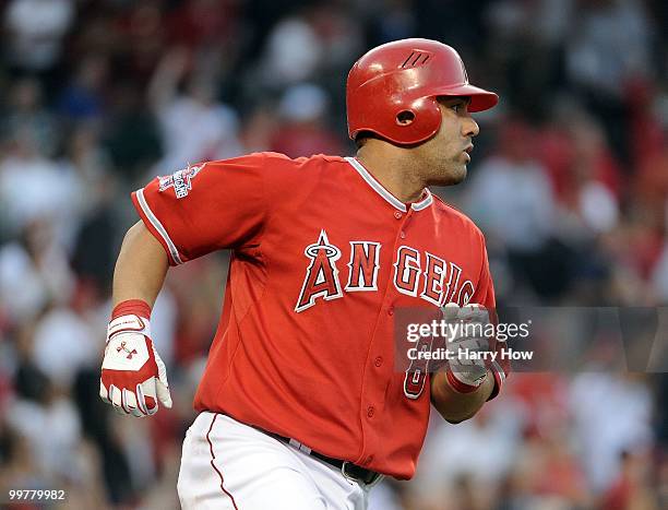 Kendry Morales of the Los Angeles Angels watches his three run homerun for a 3-2 lead over the Oakland Athletics during the fourth inning at Angels...