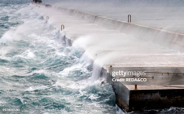 Trieste city and the Adriatic Sea during the wind phenomenon called Bora. Friuli-Venezia Giulia. Italy. Europe. Photo by: Carlo...