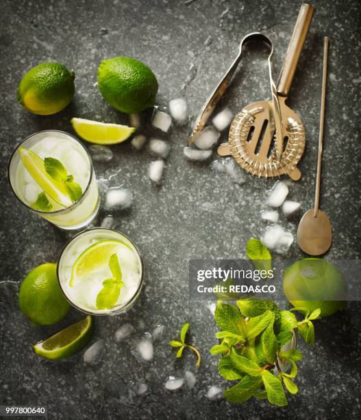 Mojito cocktail with lime and mint in glass on a stone table. Bar tools and ingredients for cocktail. Photo by: Anjelika Gretskaia/REDA&CO/Universal...