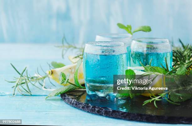 blue curacao liqueur or sambuca with lemon - blue curacao stock pictures, royalty-free photos & images