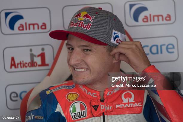 Jack Miller of Australia and Alma Pramac Racing smiles in box during the MotoGp of Germany - Free Practice at Sachsenring Circuit on July 13, 2018 in...