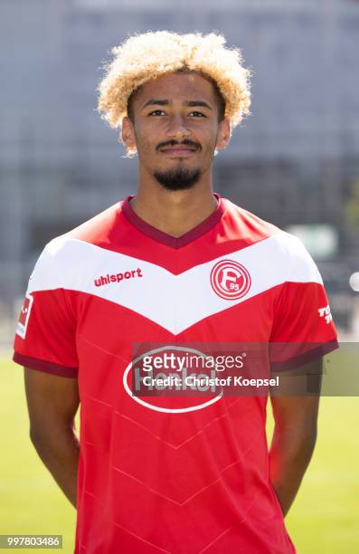 Emmanuel Iyoha poses during the team presentation at Esprit Arena on July 13, 2018 in Duesseldorf, Germany.