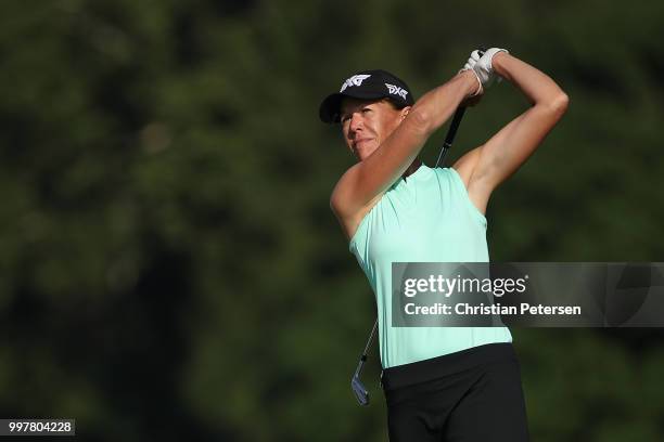 Suzy Whaley plays her second shot on the 15th hole during the second round of the U.S. Senior Women's Open at Chicago Golf Club on July 13, 2018 in...