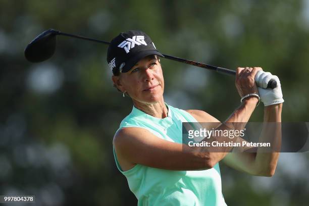 Suzy Whaley plays a tee shot on the 16th hole during the second round of the U.S. Senior Women's Open at Chicago Golf Club on July 13, 2018 in...