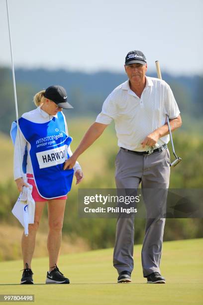 Mike Harwood of Australia in action during Day One of the WINSTONgolf Senior Open at WINSTONlinks on July 13, 2018 in Schwerin, Germany.