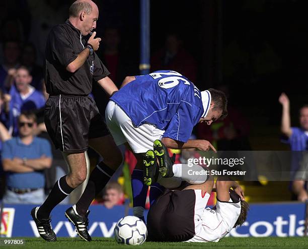 Ipswich defender Lee Marshall makes a point to Ipswich player Martijn Reuser before being sent off by referee Barry Knight, during todays Barclaycard...