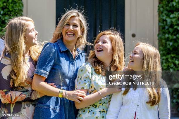 Dutch Queen Maxima, and Princesses Amalia, Alexia and Ariane pose during the annual family photo shoot in Wassenaar, on July 13, 2018. / Netherlands...