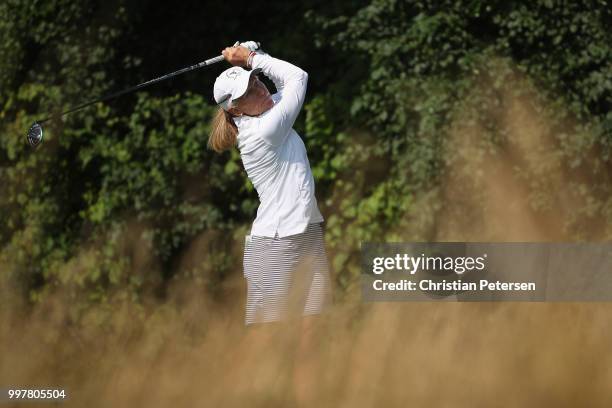 Mary Jane Hiestand plays a tee shot on the eighth hole during the second round of the U.S. Senior Women's Open at Chicago Golf Club on July 13, 2018...