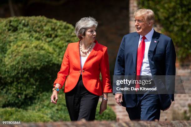 Prime Minister Theresa May and U.S. President Donald Trump hold a joint press conference at Chequers on July 13, 2018 in Aylesbury, England. US...