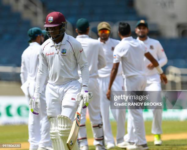 Shimron Hetmyer of West Indies walks off dismiss by Abu Jayed of Bangladesh during day 2 of the 2nd Test between West Indies and Bangladesh at Sabina...
