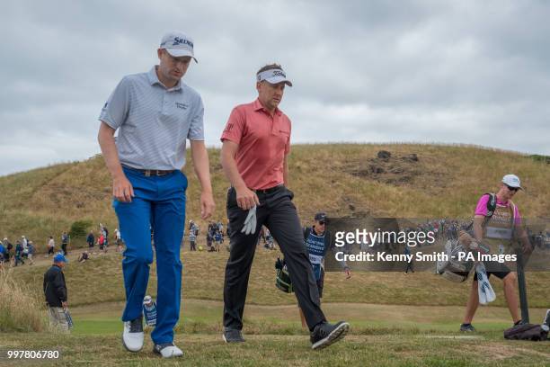 Russell Knox and Ian Poulter walk to the 2nd tee during day two of the Aberdeen Standard Investments Scottish Open at Gullane Golf Club, East Lothian.