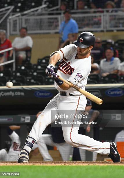 Minnesota Twins First base Joe Mauer takes a swing during a MLB game between the Minnesota Twins and Kansas City Royals on July 10, 2018 at Target...