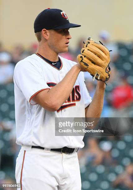 Minnesota Twins Pitcher Aaron Slegers delivers a pitch during a MLB game between the Minnesota Twins and Kansas City Royals on July 10, 2018 at...