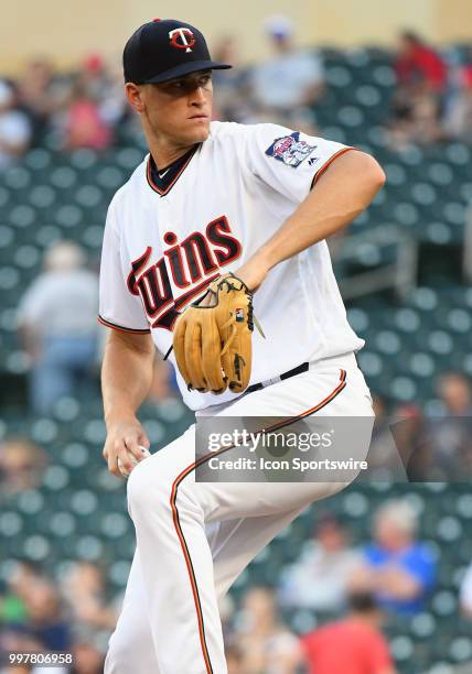 Minnesota Twins Pitcher Aaron Slegers delivers a pitch during a MLB game between the Minnesota Twins and Kansas City Royals on July 10, 2018 at...