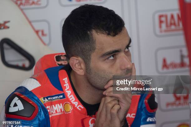 Danilo Petrucci of Italy and Alma Pramac Racing looks on in box during the MotoGp of Germany - Free Practice at Sachsenring Circuit on July 13, 2018...