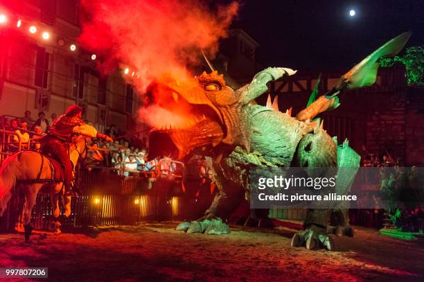 Knight Udo piercing the dragon during the general rehearsal of the folk play "The Dragon Sting" in Furth im Wald, Germany, 03 August 2017. The...