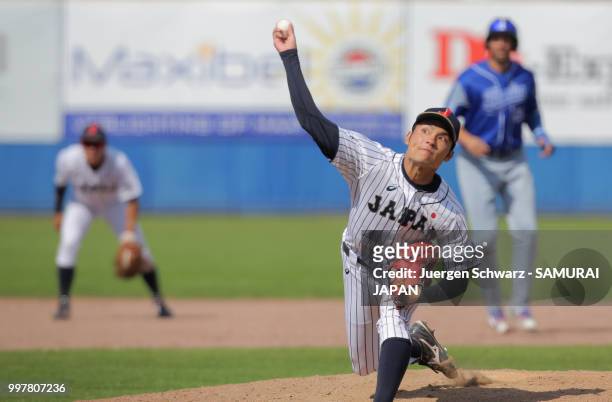 Hiromi Ito of Japan pitches in the ninth inning during the Haarlem Baseball Week match between Japan and Italy at Pim Mulier honkbalstadion on July...