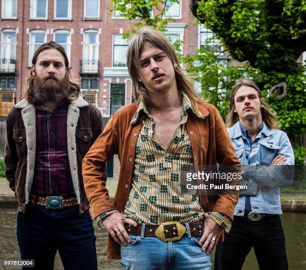 Portrait of Dutch psychedelic blues rock band De Wolff with Robin Piso , Pablo van de Poel and Luka van de Poel , Utrecht, Netherlands, 25 April 2018.