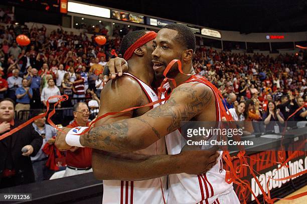 Antonio Anderson of the Rio Grande Valley Vipers hugs teammate Michael Harris after the game against theTulsa 66ers in Game Two of the 2010 NBA...