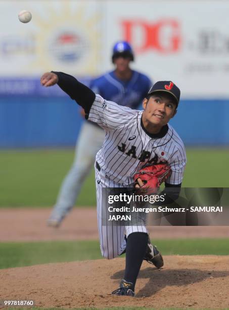 Hiromi Ito of Japan pitches in the ninth inning during the Haarlem Baseball Week match between Japan and Italy at Pim Mulier honkbalstadion on July...