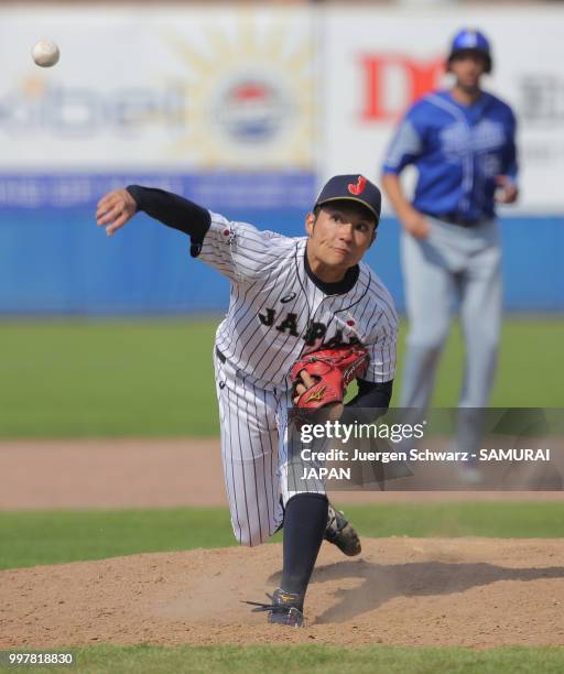 Hiromi Ito of Japan pitches in the ninth inning during the Haarlem Baseball Week match between Japan and Italy at Pim Mulier honkbalstadion on July...