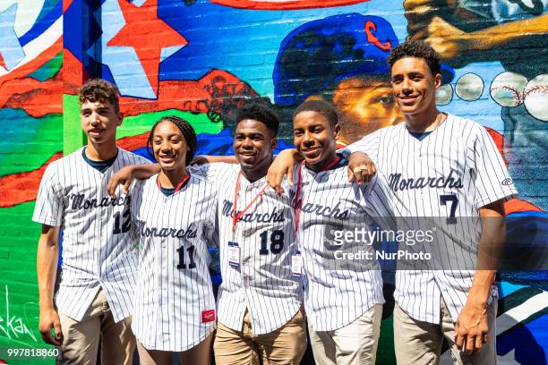Little League Baseball's Anderson Monarchs players : Jared Sprague-Lott, Mo'ne Davis, Jahli Hendricks, Myles Eaddy, and Scott Bandura, pose in front...