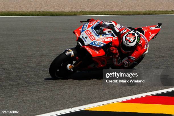 Jorge Lorenzo of Spain and Ducati Team rides in free practice during the MotoGP of Germany at Sachsenring Circuit on July 13, 2018 in...