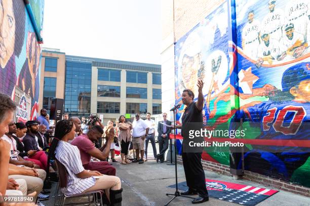 Nizam Ali of Ben's Chili Bowl, speaks at a mural unveiling ceremony hosted by MLB, honoring Negro League Baseball and players, Mamie Peanut Johnson,...