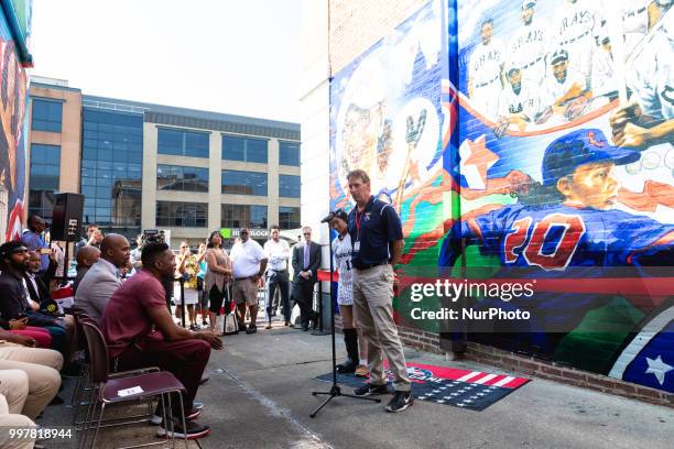 Little League Baseball's Anderson Monarchs: player Mo'ne Davis, and founder/program director Steve Bandura, speak at a mural unveiling ceremony...