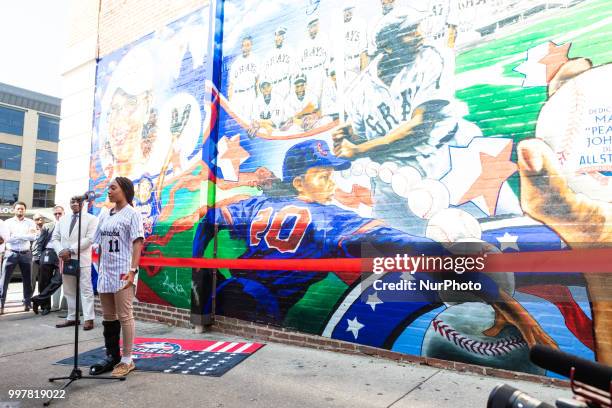 Mo'ne Davis, Little League Baseball's Anderson Monarchs player, speaks at a mural unveiling ceremony hosted by MLB, honoring Negro League Baseball...