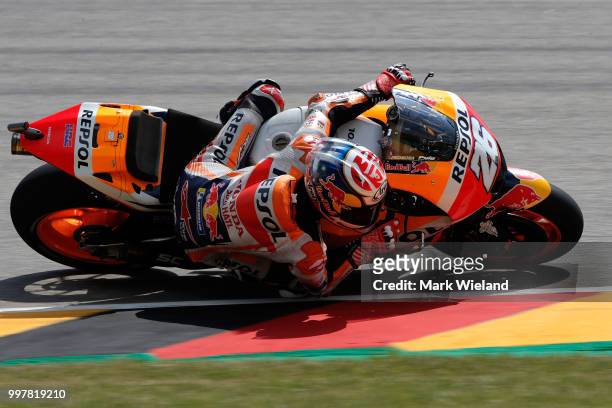 Dani Pedrosa of Spain and Repsol Honda Team rides in free practice during the MotoGP of Germany at Sachsenring Circuit on July 13, 2018 in...