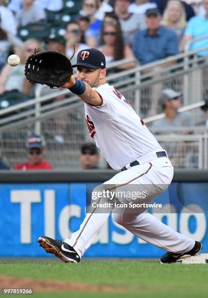 Minnesota Twins First base Joe Mauer catches the ball during a MLB game between the Minnesota Twins and Kansas City Royals on July 10, 2018 at Target...