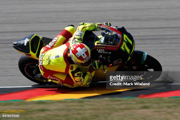 Dominique Aegerter of Switzerland and Kiefer Racing Team rides in free practice during the MotoGP of Germany at Sachsenring Circuit on July 13, 2018...