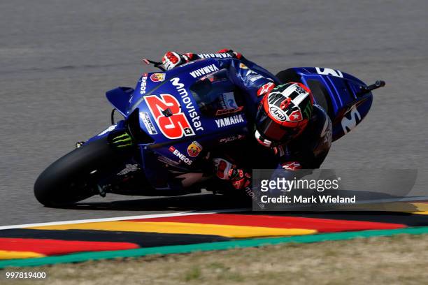 Mavrick Vinales of Spain and Movistar Yamaha Team rides in free practice during the MotoGP of Germany at Sachsenring Circuit on July 13, 2018 in...