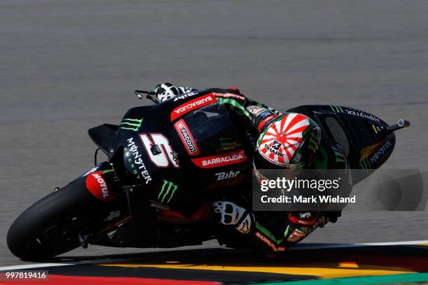 Johann Zarco of France and Monster Yamaha Team rides in free practice during the MotoGP of Germany at Sachsenring Circuit on July 13, 2018 in...