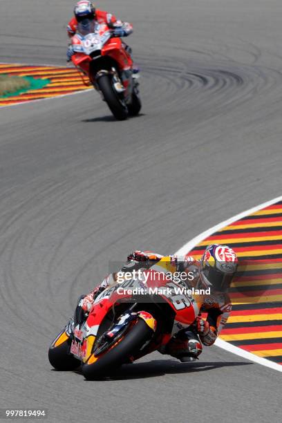 Dani Pedrosa of Spain and Repsol Honda Team rides in free practice during the MotoGP of Germany at Sachsenring Circuit on July 13, 2018 in...