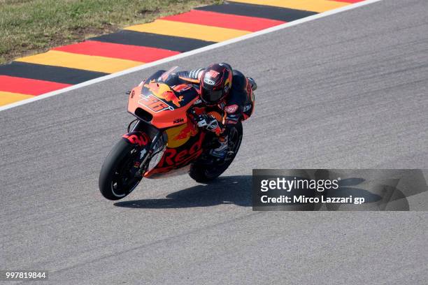 Mika Kallio of Finland and Red Bull KTM Factory Racing heads down a straight during the MotoGp of Germany - Free Practice at Sachsenring Circuit on...
