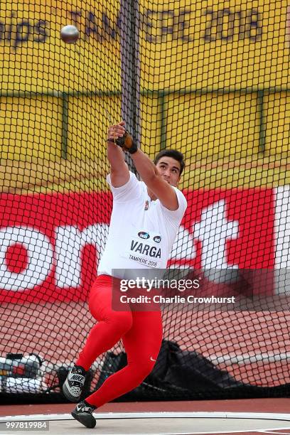 Donat Varga of Hungary in action during the final of the men's hammer throw on day four of The IAAF World U20 Championships on July 13, 2018 in...