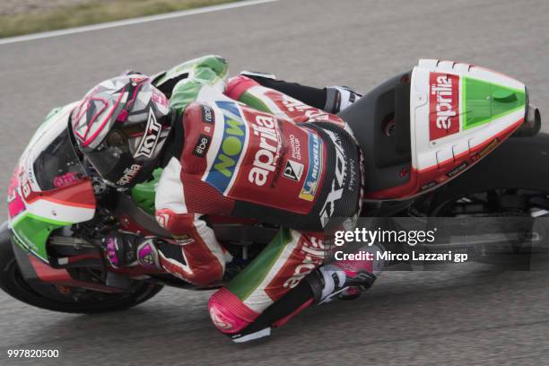 Aleix Espargaro of Spain and Aprilia Racing Team Gresini rounds the bend during the MotoGp of Germany - Free Practice at Sachsenring Circuit on July...