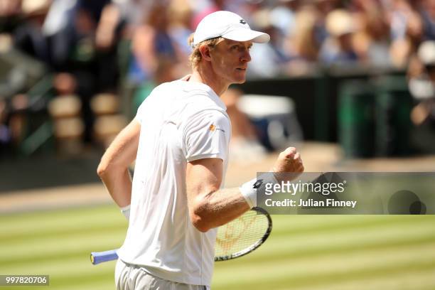 Kevin Anderson of South Africa celebrates winning a point against John Isner of The United States during their Men's Singles semi-final match on day...