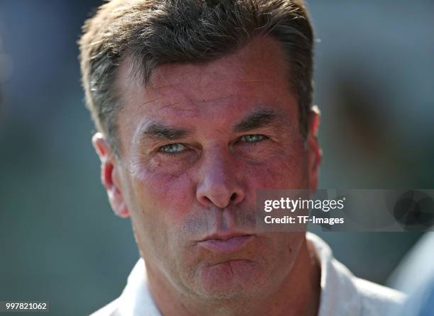 Head coach Dieter Hecking of Moenchengladbach looks on prior to the pre-season friendly match between VfB Luebeck and Borussia Moenchengladbach at...