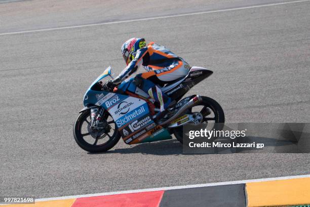 Philipp Oettl of Germany and Sudmetall Schedl GP Racing heads down a straight during the MotoGp of Germany - Free Practice at Sachsenring Circuit on...