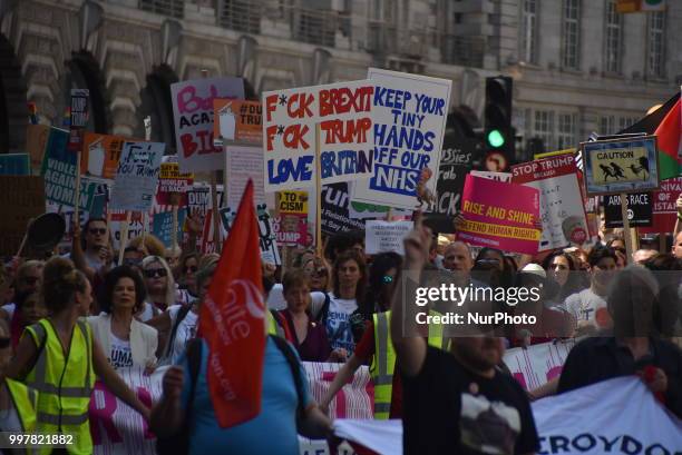 Protest takes place in Central London, against the US President Donald Trumps visit to the UK, including a giant inflatable Baby Trump, London on...