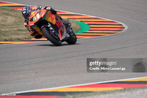 Brad Binder of South Africa and Red Bull KTM Ajo rounds the bend during the MotoGp of Germany - Free Practice at Sachsenring Circuit on July 13, 2018...