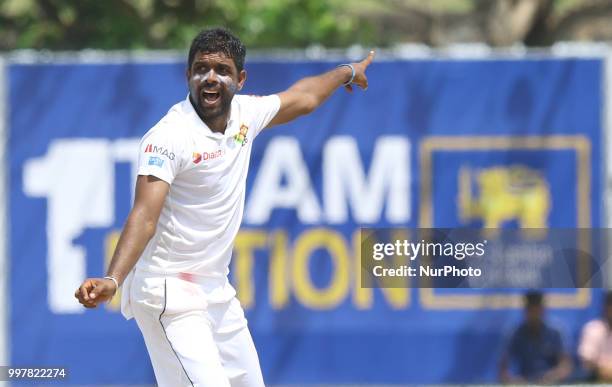 Sri Lankan cricketer Dilruwan Perera appeals during the 2nd day's play in the first Test cricket match between Sri Lanka and South Africa at Galle...