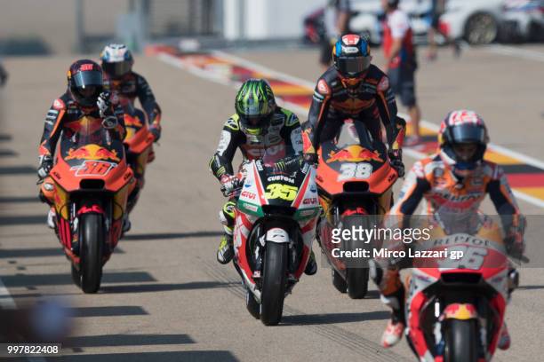 The MotoGP riders start from box during the MotoGp of Germany - Free Practice at Sachsenring Circuit on July 13, 2018 in Hohenstein-Ernstthal,...