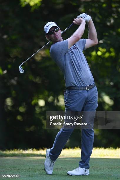 David Hearn of Canada hits his tee shot on the sixth hole during the second round of the John Deere Classic at TPC Deere Run on July 13, 2018 in...