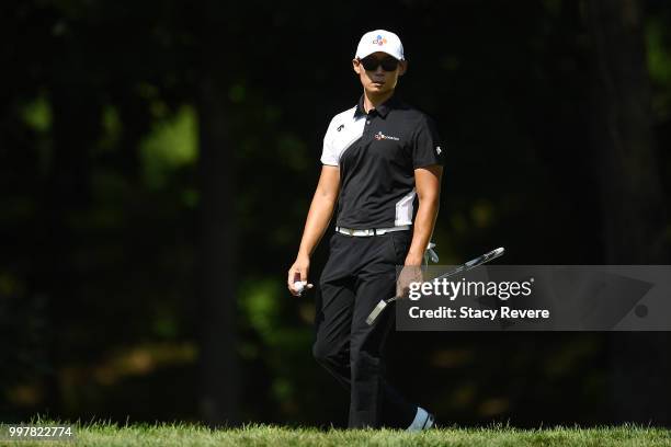 Whee Kim of Korea walks across the ninth green during the second round of the John Deere Classic at TPC Deere Run on July 13, 2018 in Silvis,...